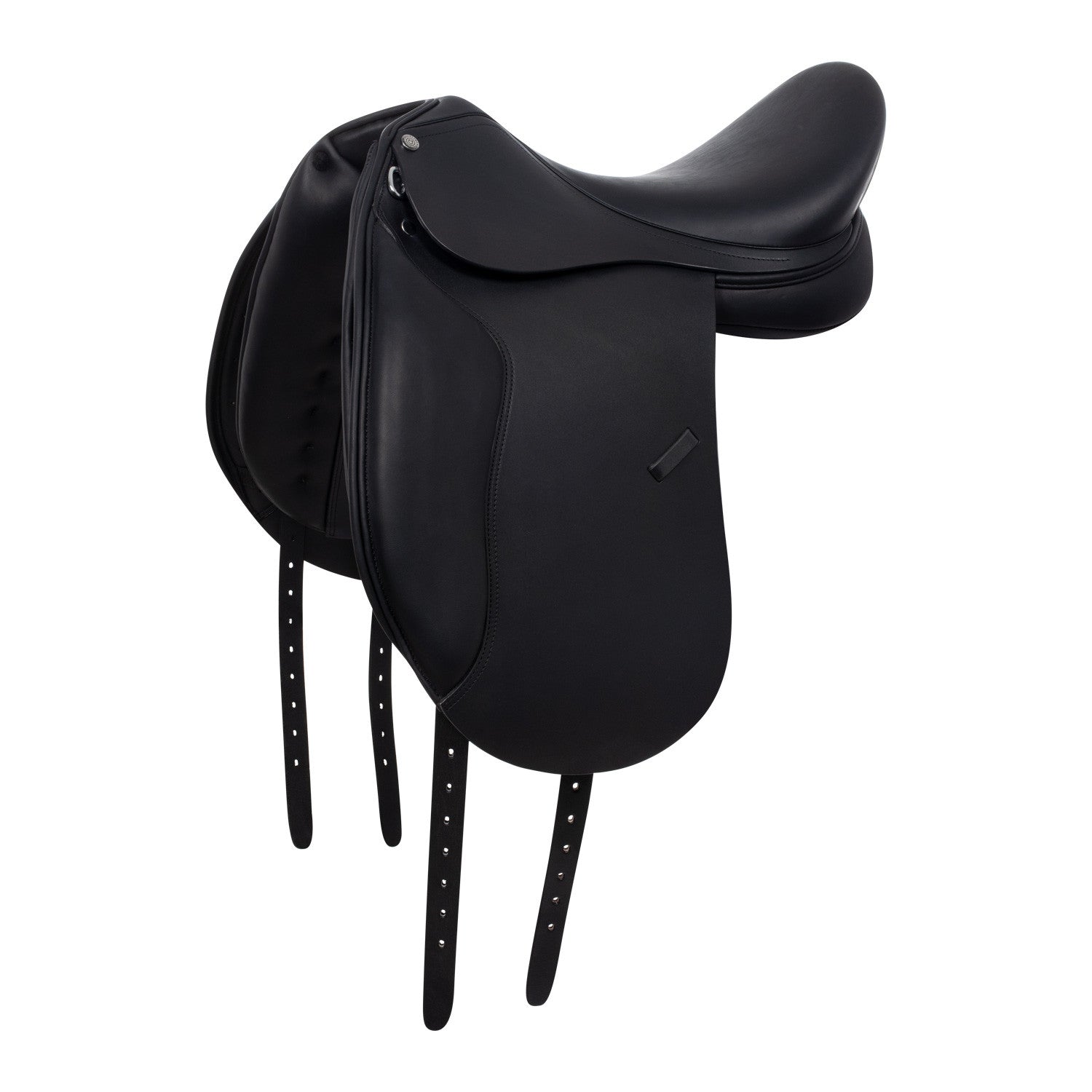 Dressage saddle with long blocks.