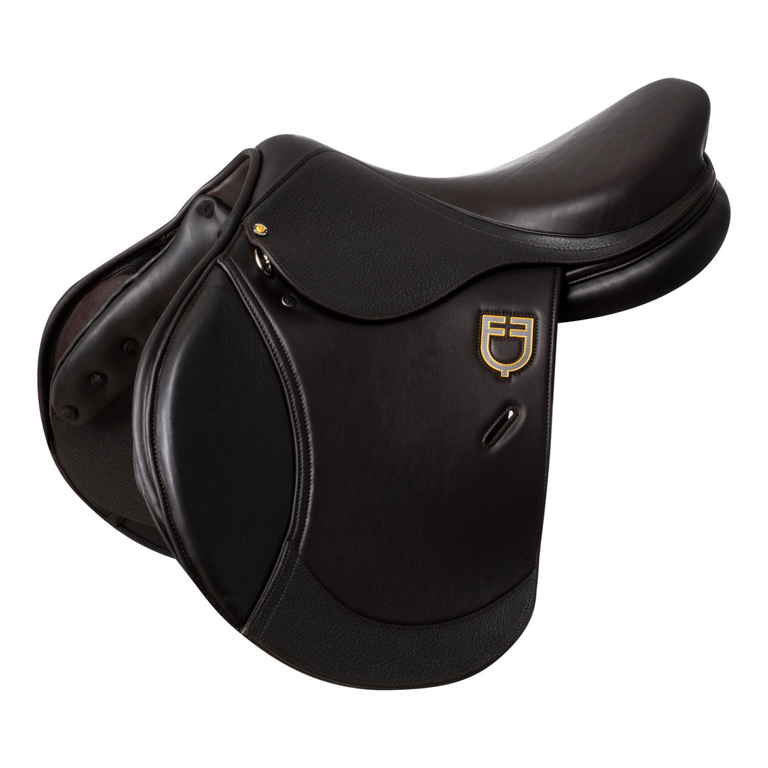 Earth jumping saddle in double leather with embossed logo.