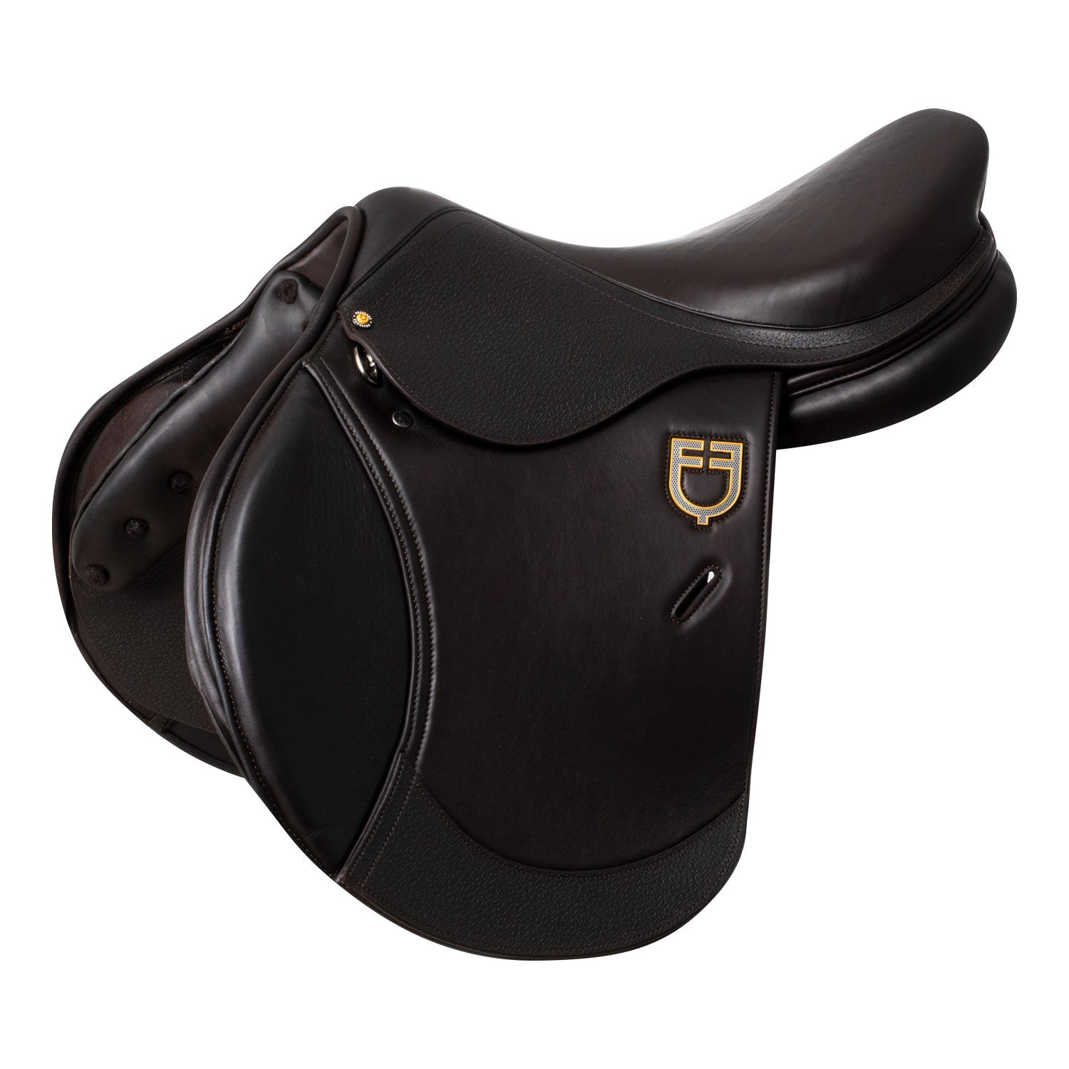 Earth jumping saddle in double leather with embossed logo.