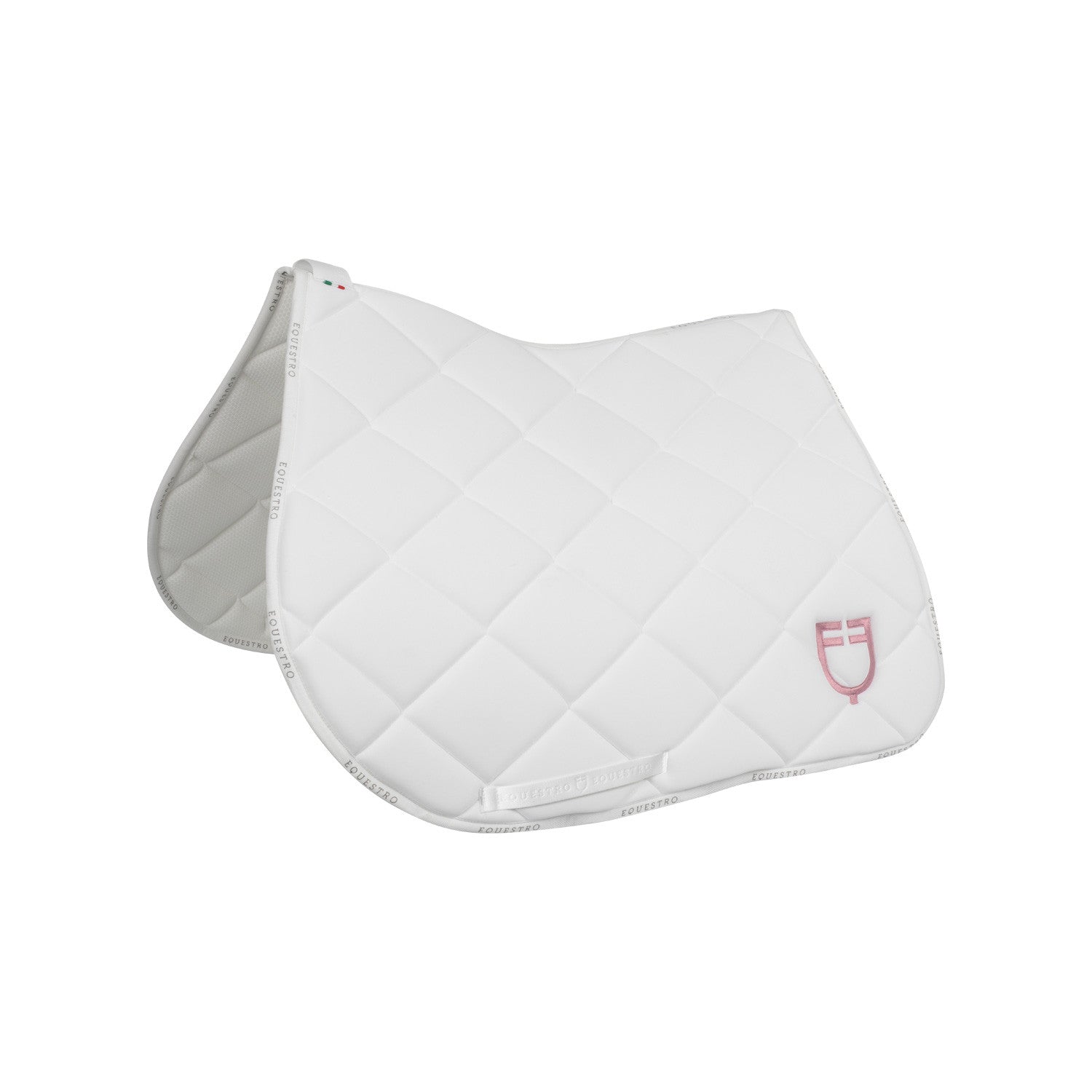 Jumping saddle pad with multicolor logo.