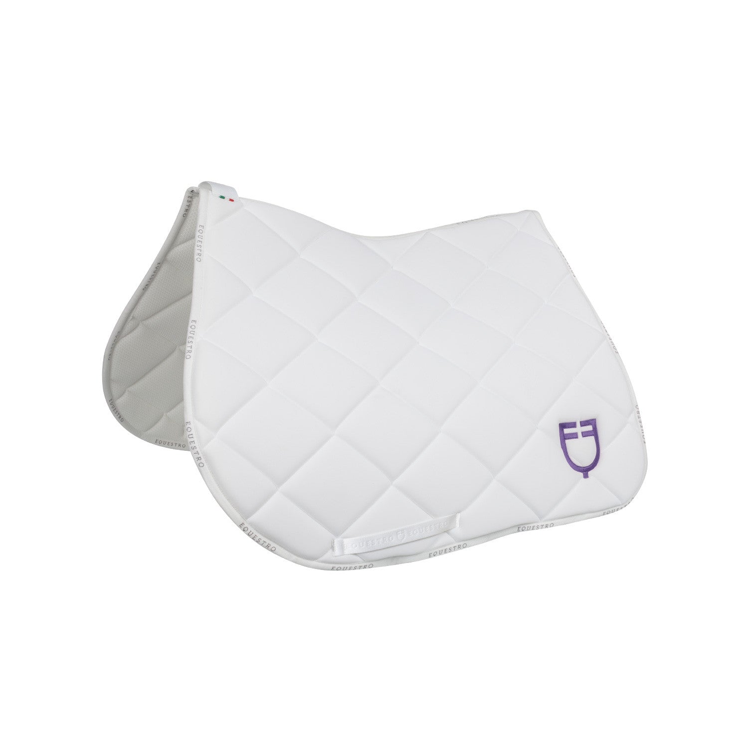 Jumping saddle pad with multicolor logo.