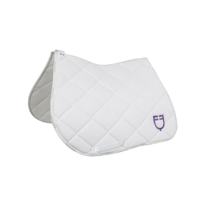 Jumping saddle pad with multicolor logo.