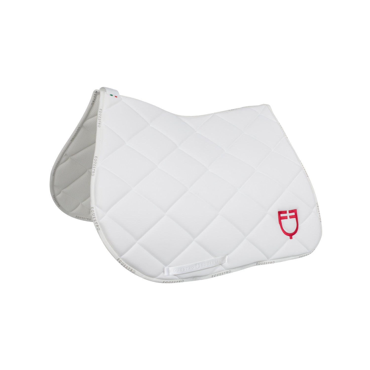 Jumping saddle pad with multicolor logo.