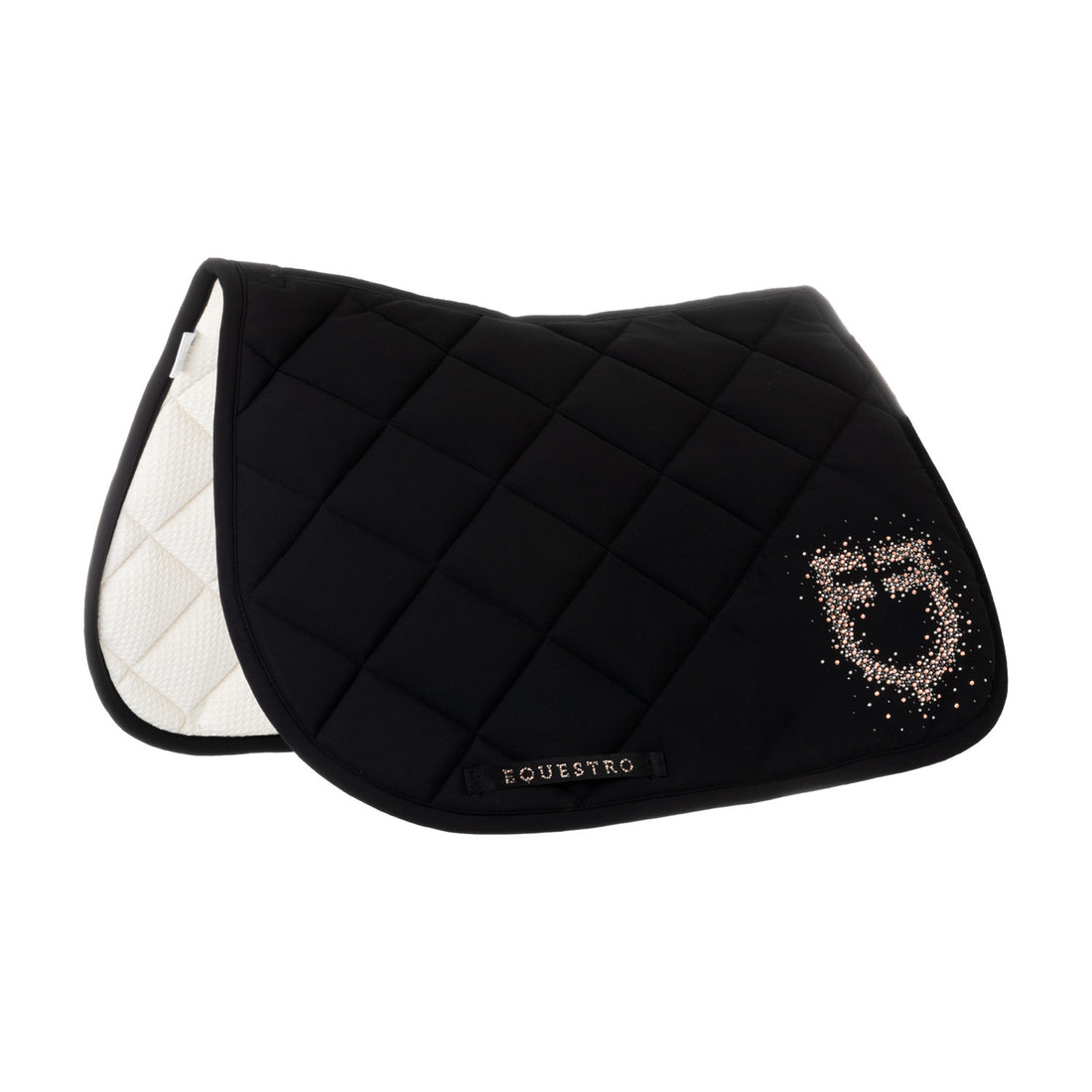 Jumping saddle pad with rhinestone logo.