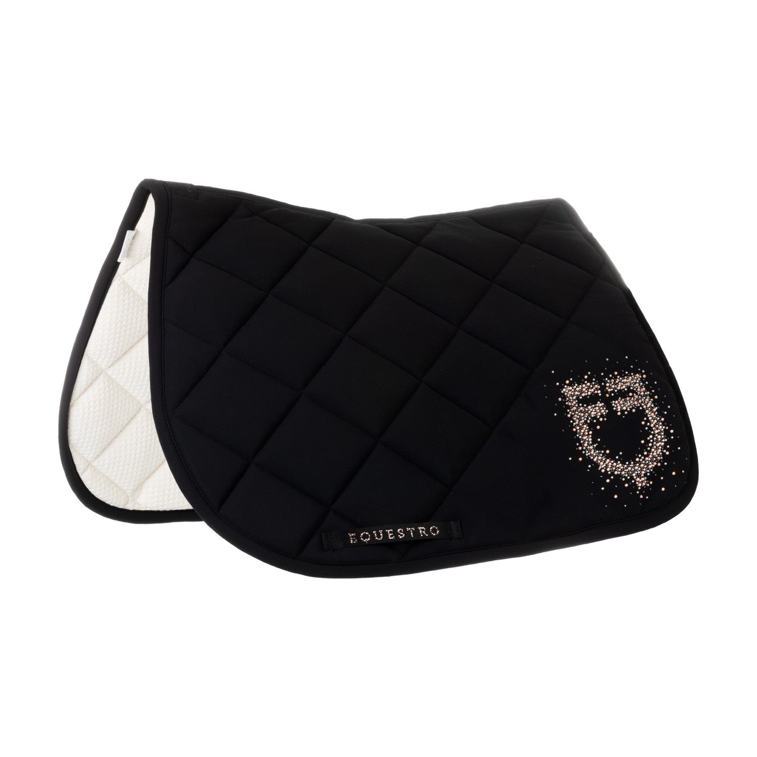 Jumping saddle pad with rhinestone logo.