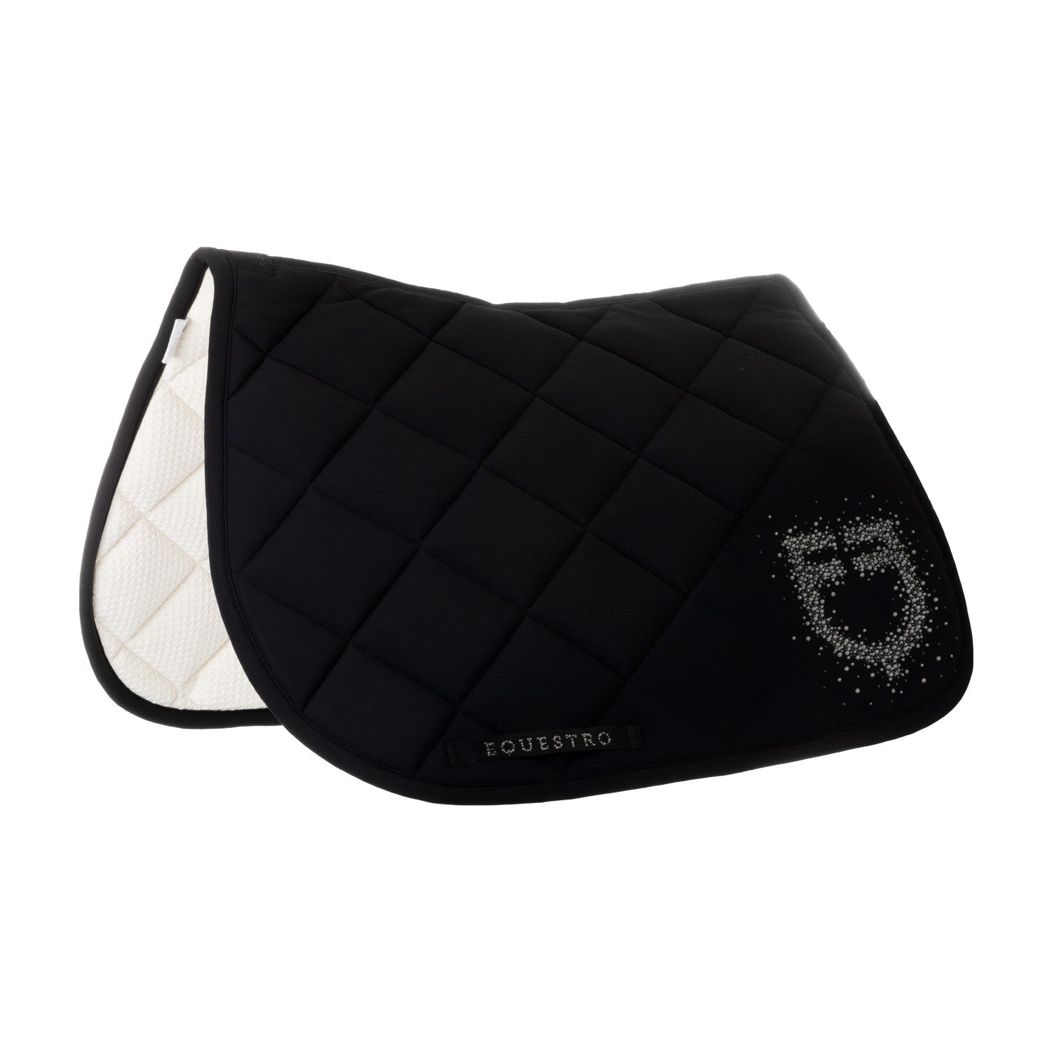 Jumping saddle pad with rhinestone logo.