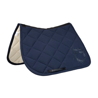 Jumping saddle pad with rhinestone logo.