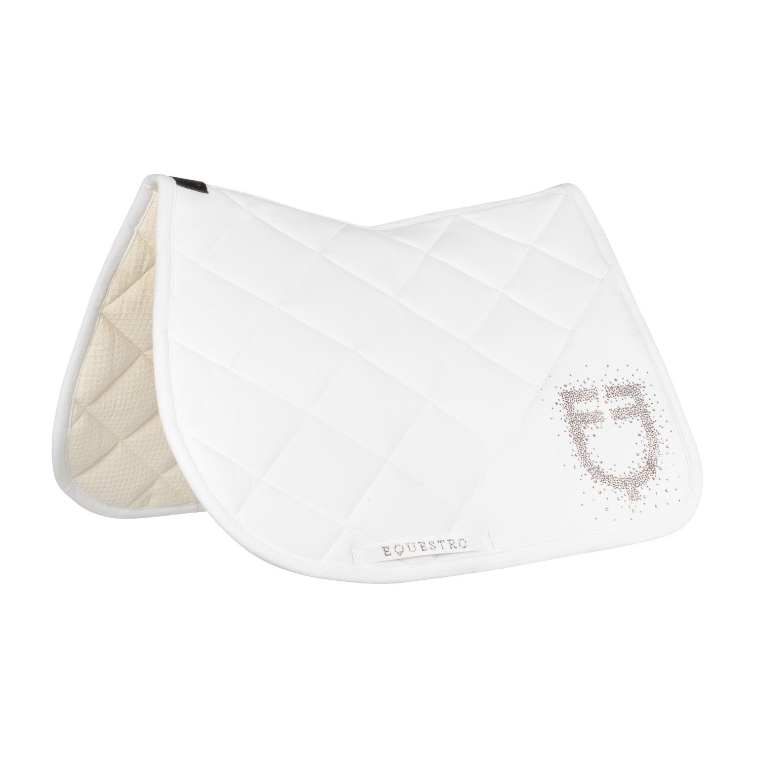 Jumping saddle pad with rhinestone logo.