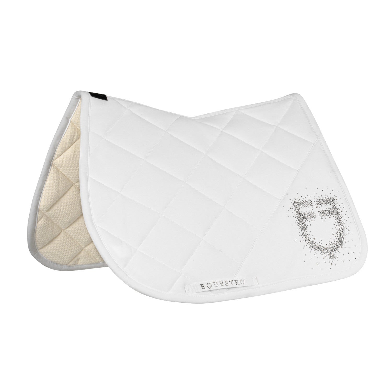 Jumping saddle pad with rhinestone logo.