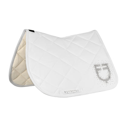 Jumping saddle pad with rhinestone logo.