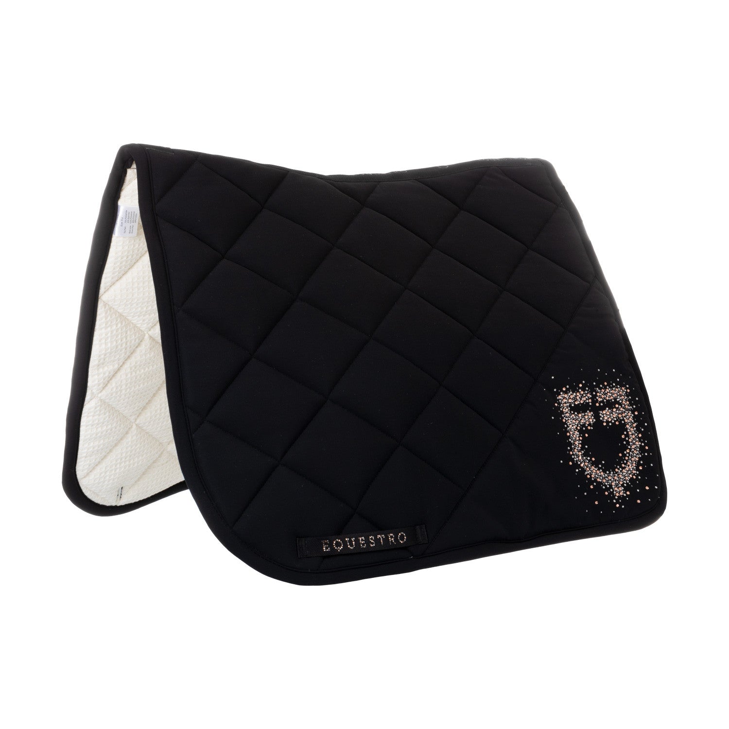 Dressage saddle pad with rhinestone logo.