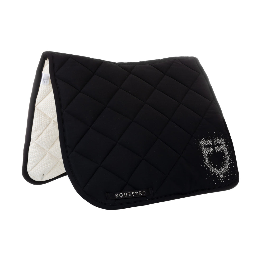 Dressage saddle pad with rhinestone logo.