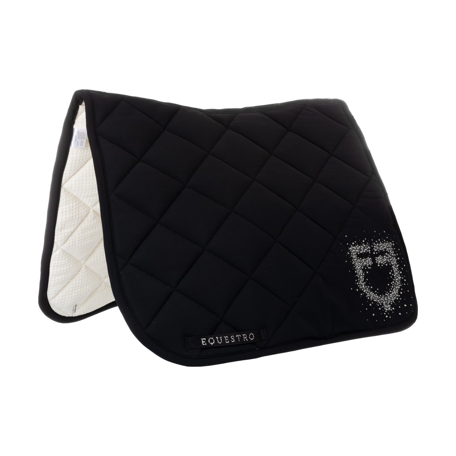 Dressage saddle pad with rhinestone logo.