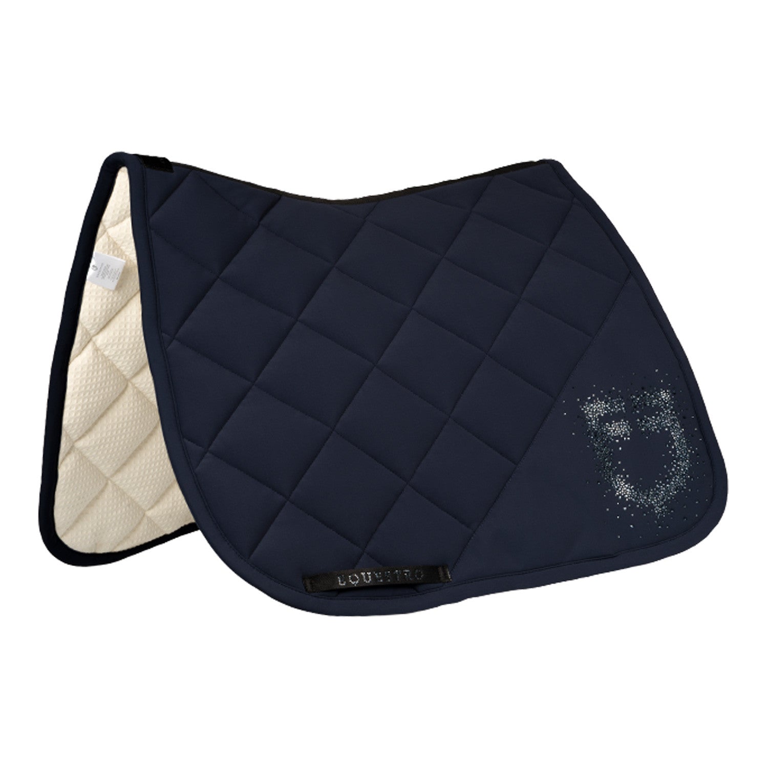 Dressage saddle pad with rhinestone logo.