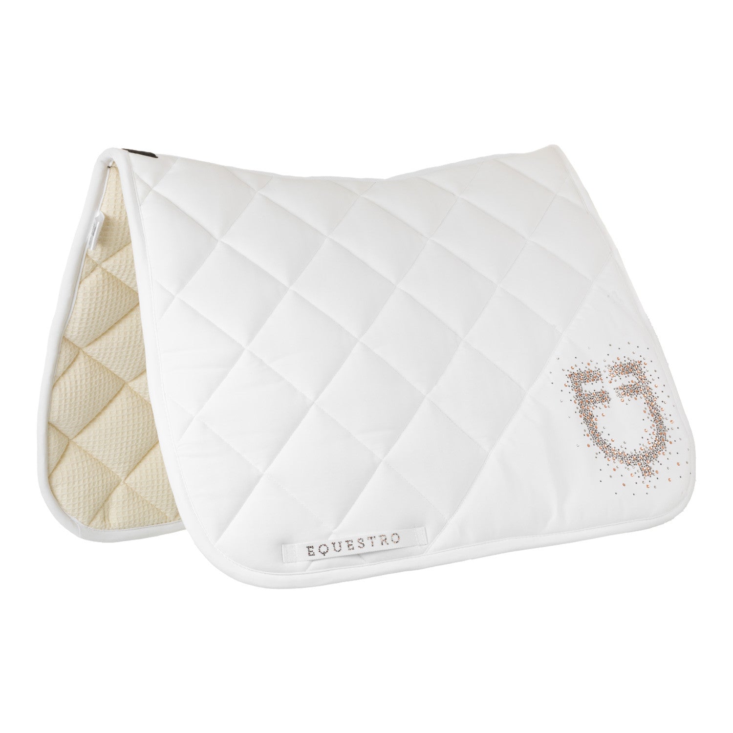 Dressage saddle pad with rhinestone logo.