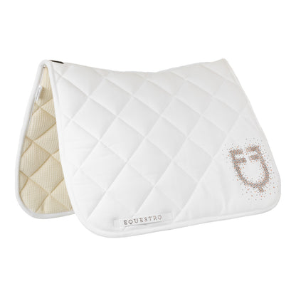 Dressage saddle pad with rhinestone logo.
