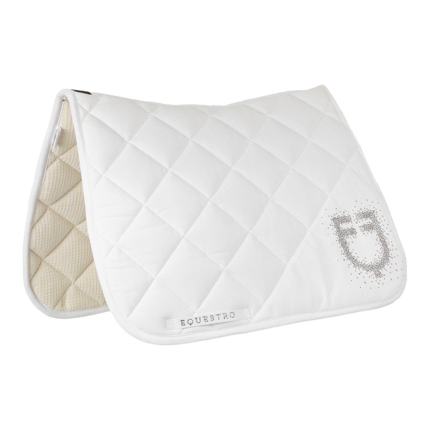Dressage saddle pad with rhinestone logo.