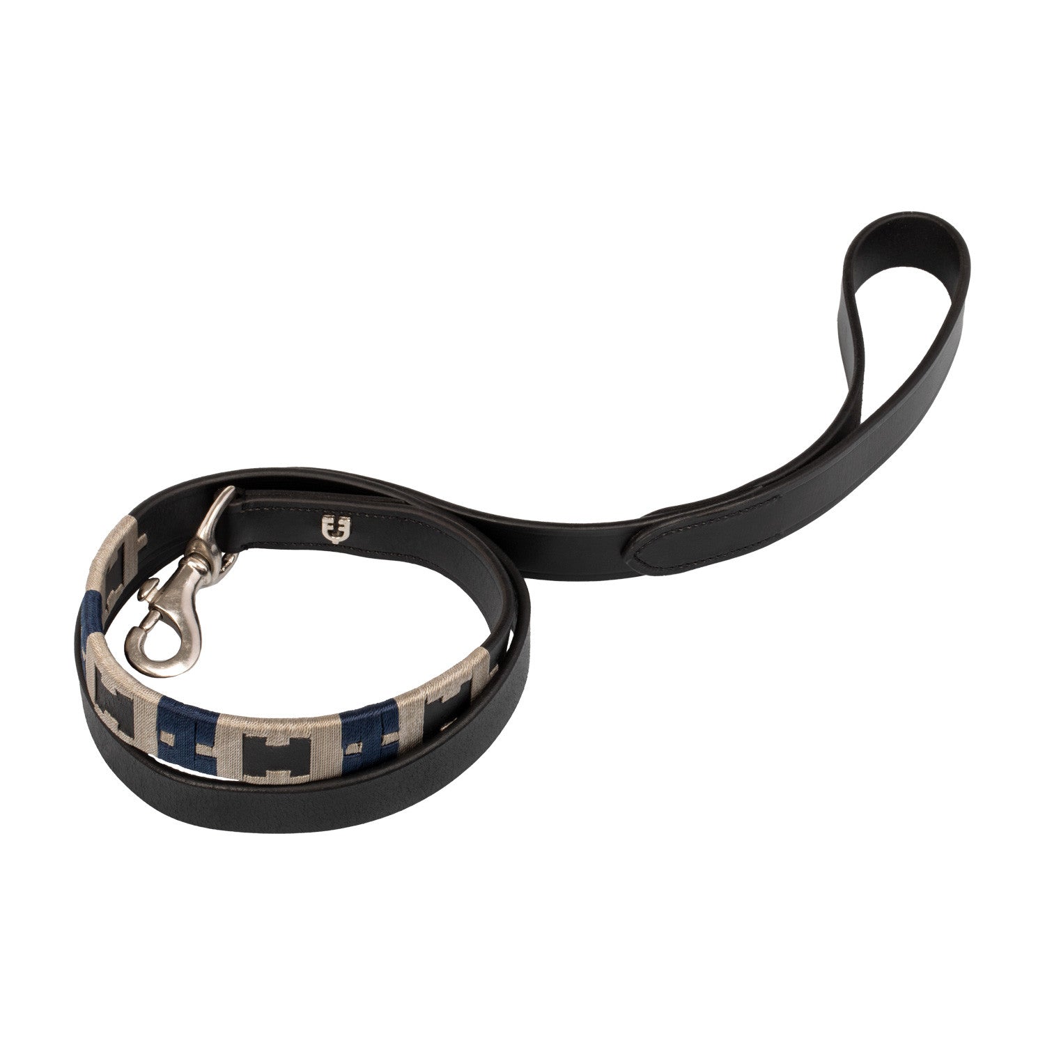 Leather dog leash with geometric pattern.