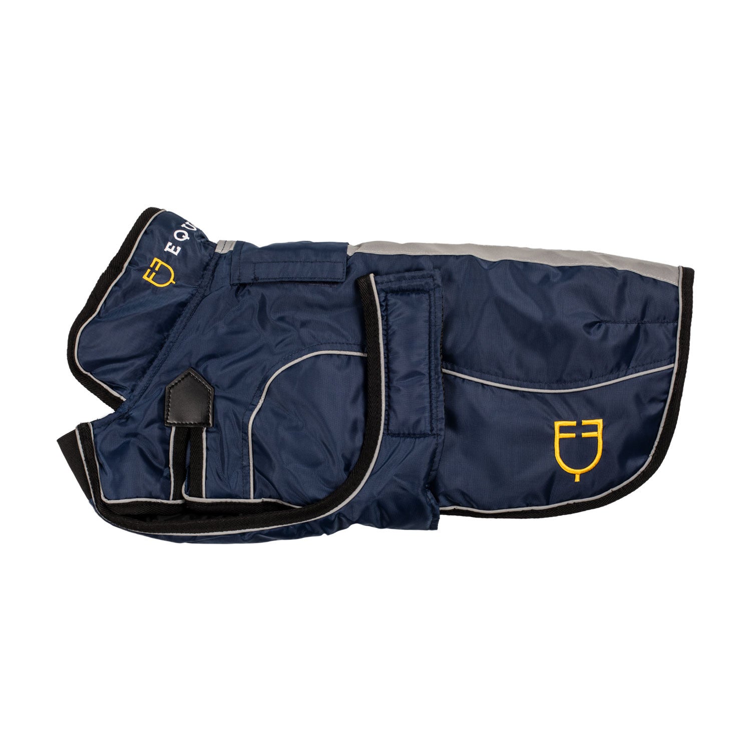 Dog coat with reflective piping.