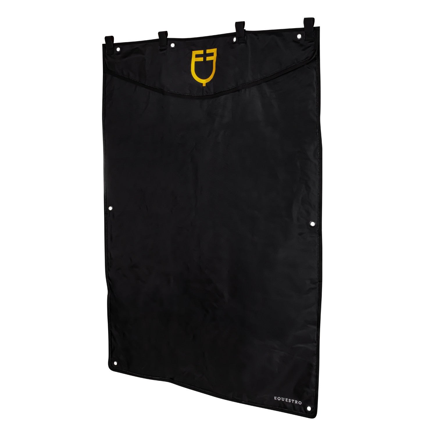 Long stable curtain with embroidered logo.