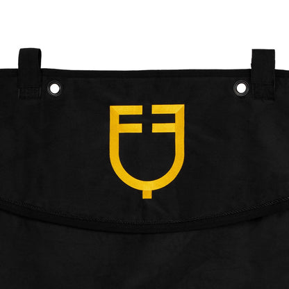 Long stable curtain with embroidered logo