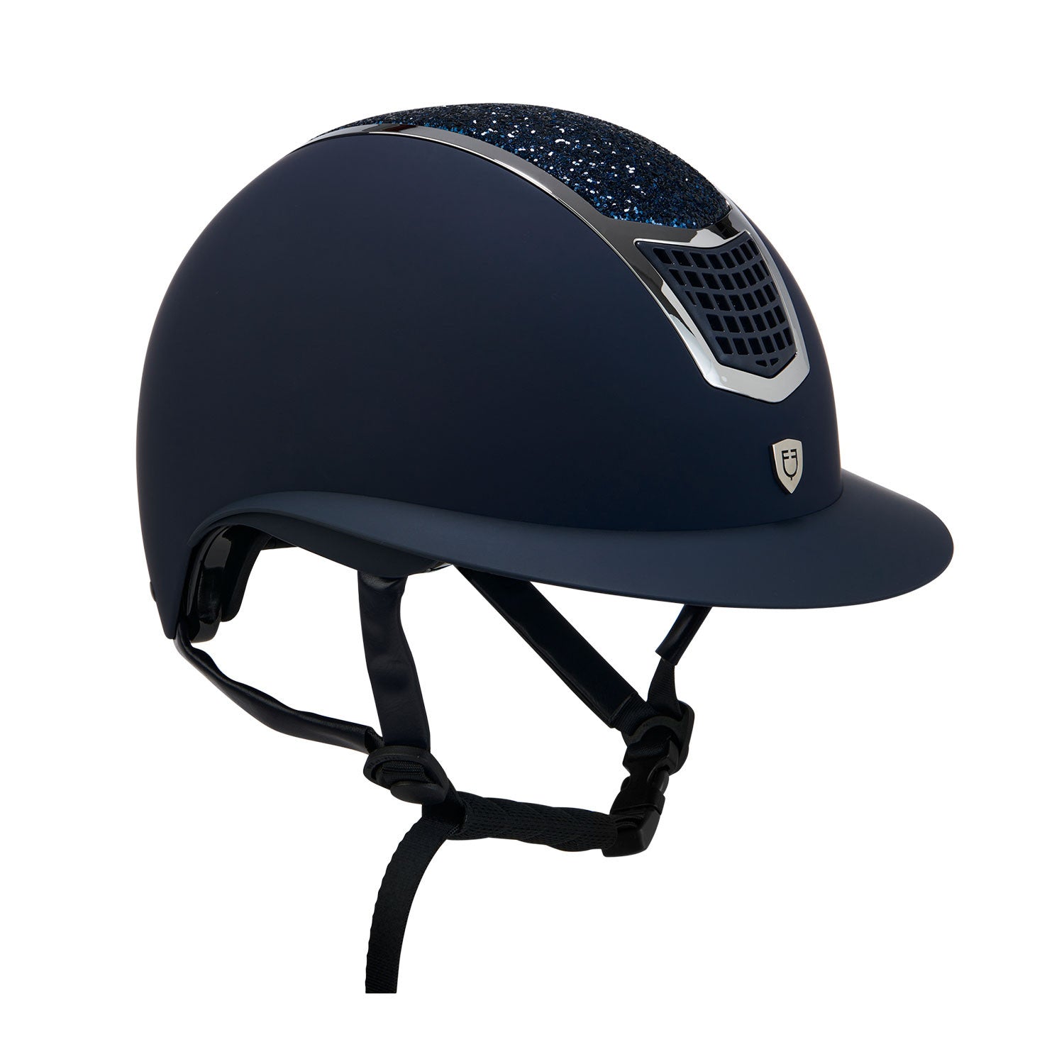 Helmet with rhinestones and wide visor.