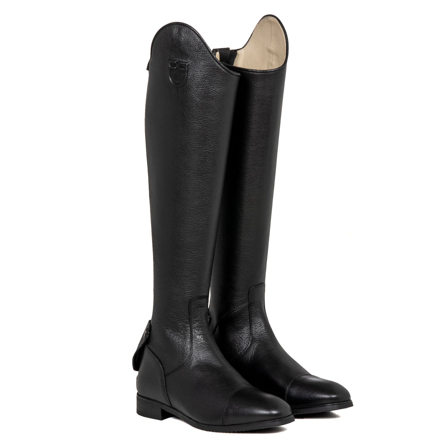 Unisex calfskin boots with rear zipper.