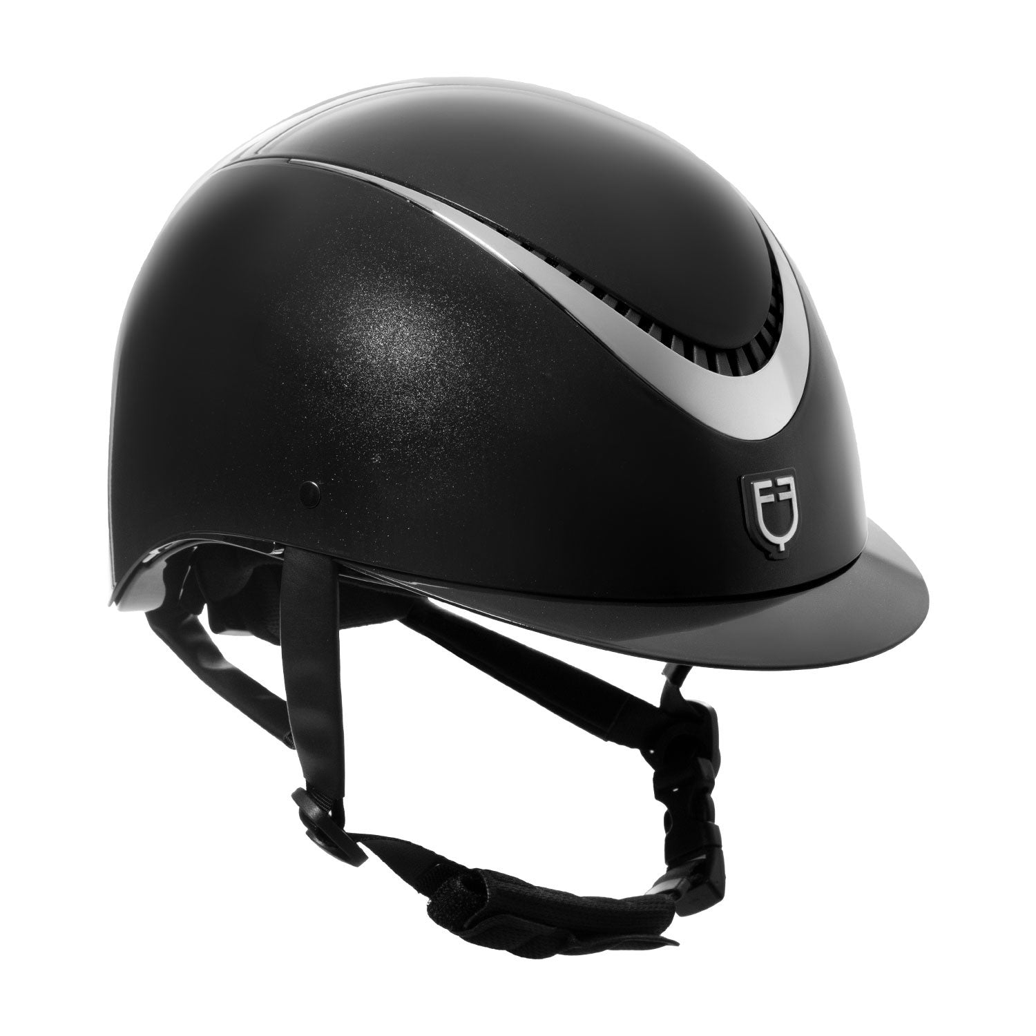 Glossy helmet with eco-leather strap and narrow visor homologation EN 1384-2023.