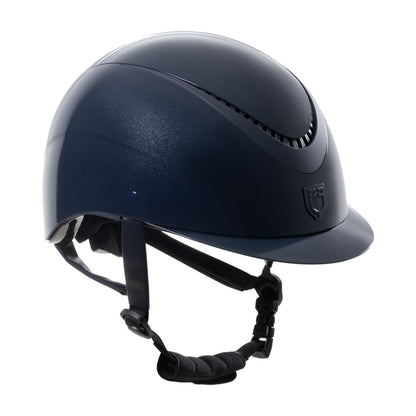 Glossy helmet with eco-leather strap and narrow visor homologation EN 1384-2023.