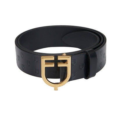 Leather logo belt with logoed buckle.