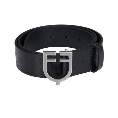 Leather logo belt with logoed buckle.