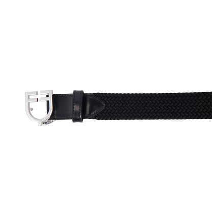 Leather elastic belt with logoed buckle