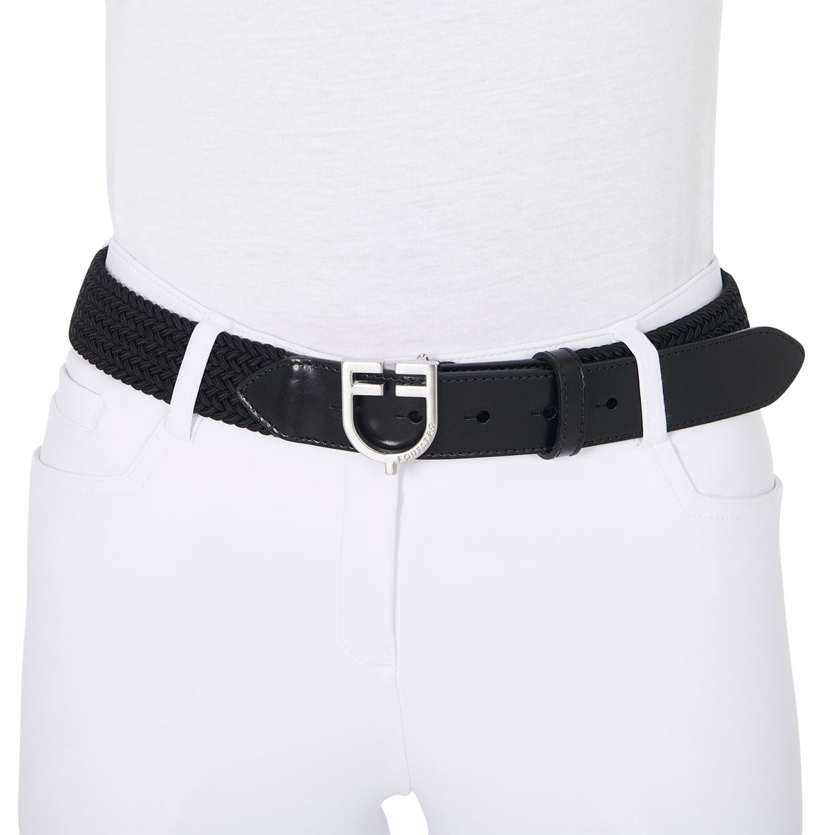Leather elastic belt with logoed buckle