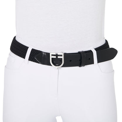 Leather elastic belt with logoed buckle