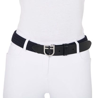Leather elastic belt with logoed buckle