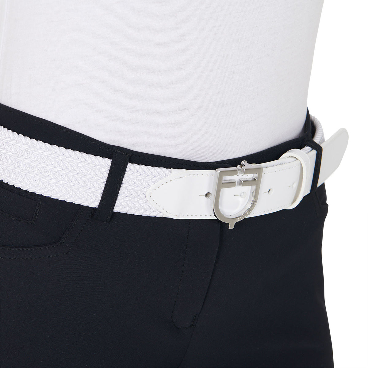 Leather elastic belt with logoed buckle