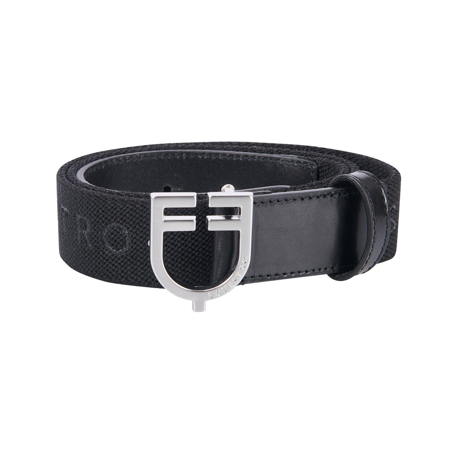 Leather belt with elastic and lettering.
