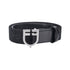 Leather belt with elastic and lettering.