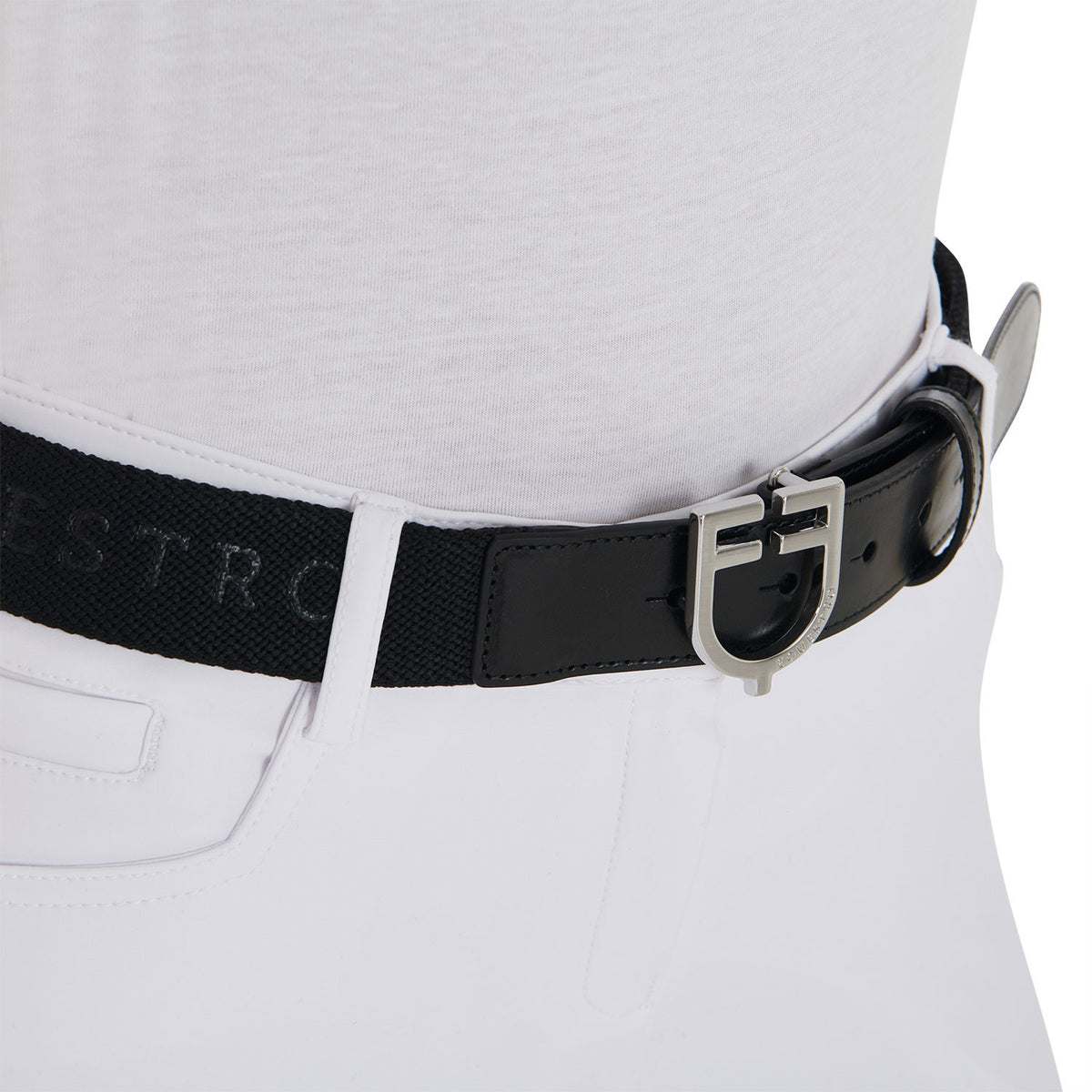 Leather belt with elastic and lettering