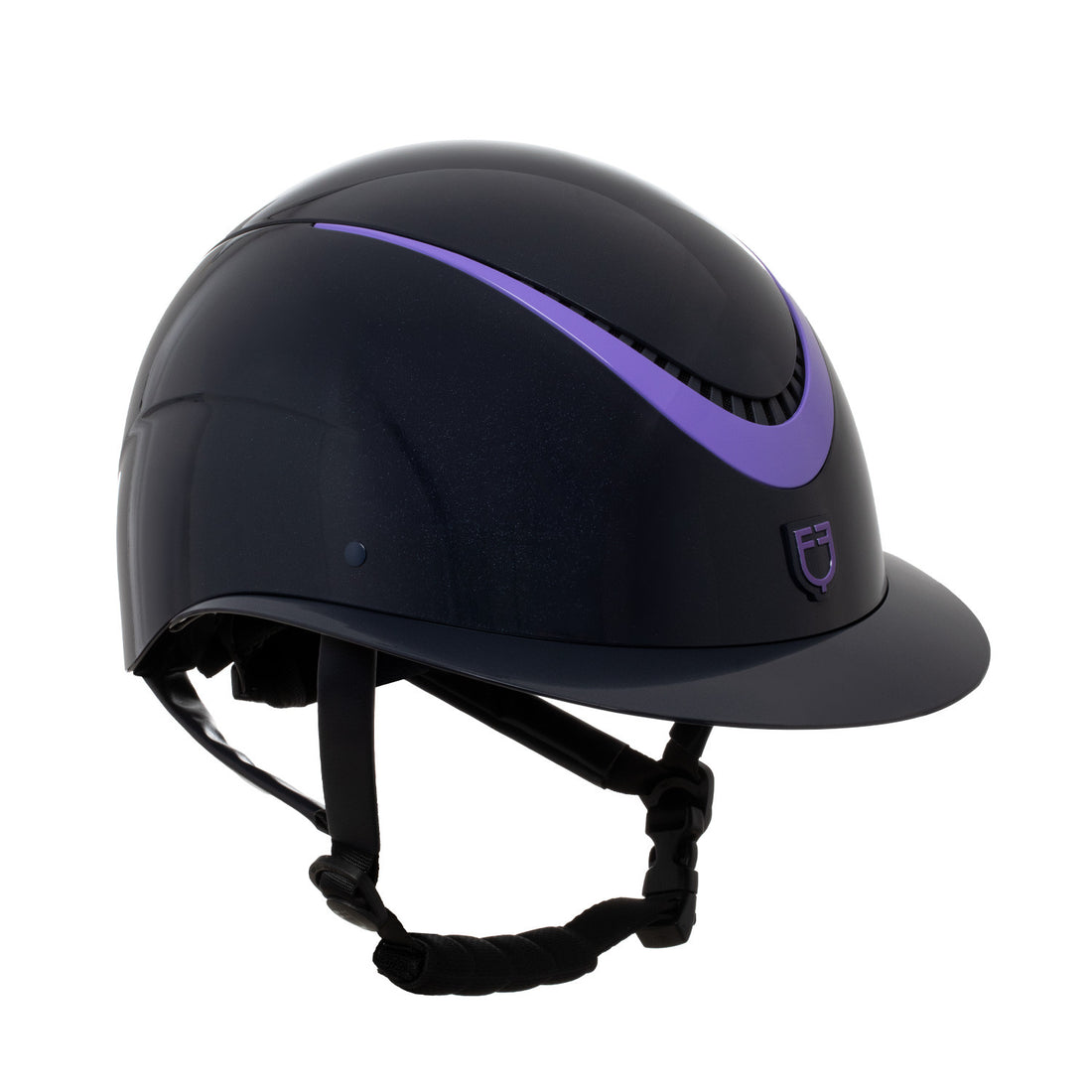 Helmet polished faux leather strap homologation EN 1384-2023.