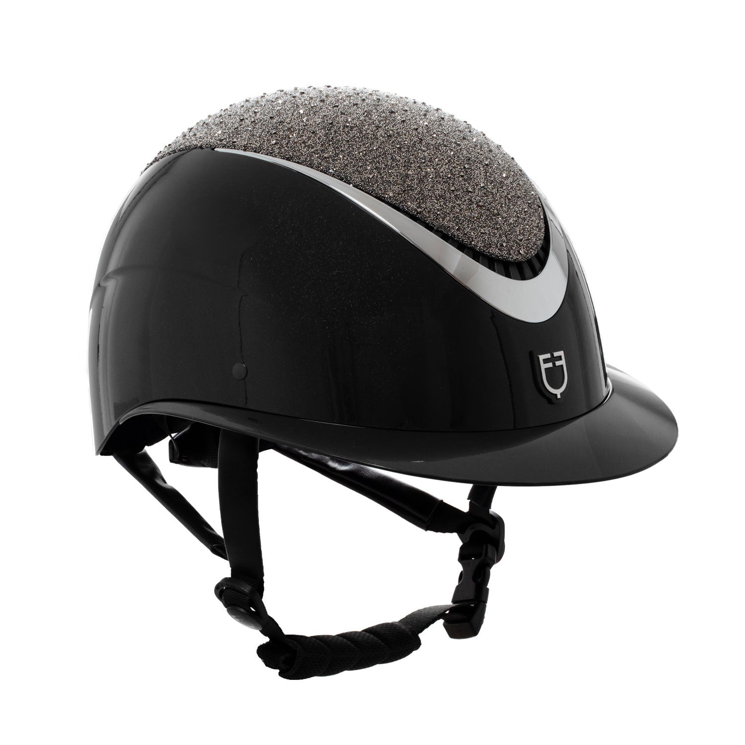 Helmet with wide visor and rhinestones homologation EN 1384-2023.