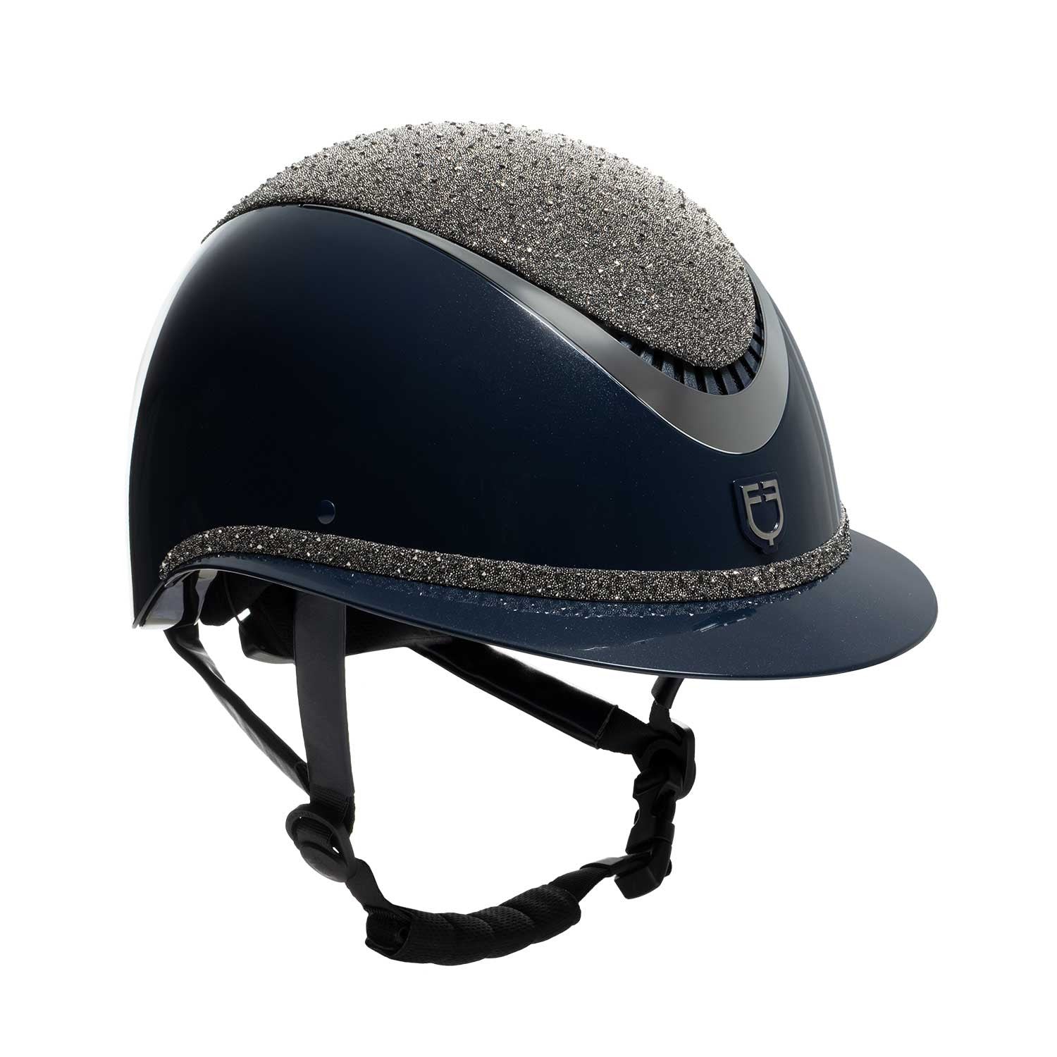Helmet with wide visor and rhinestones homologation EN 1384-2023.