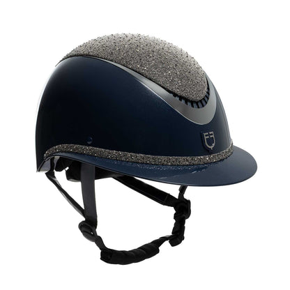 Helmet with wide visor and rhinestones homologation EN 1384-2023.