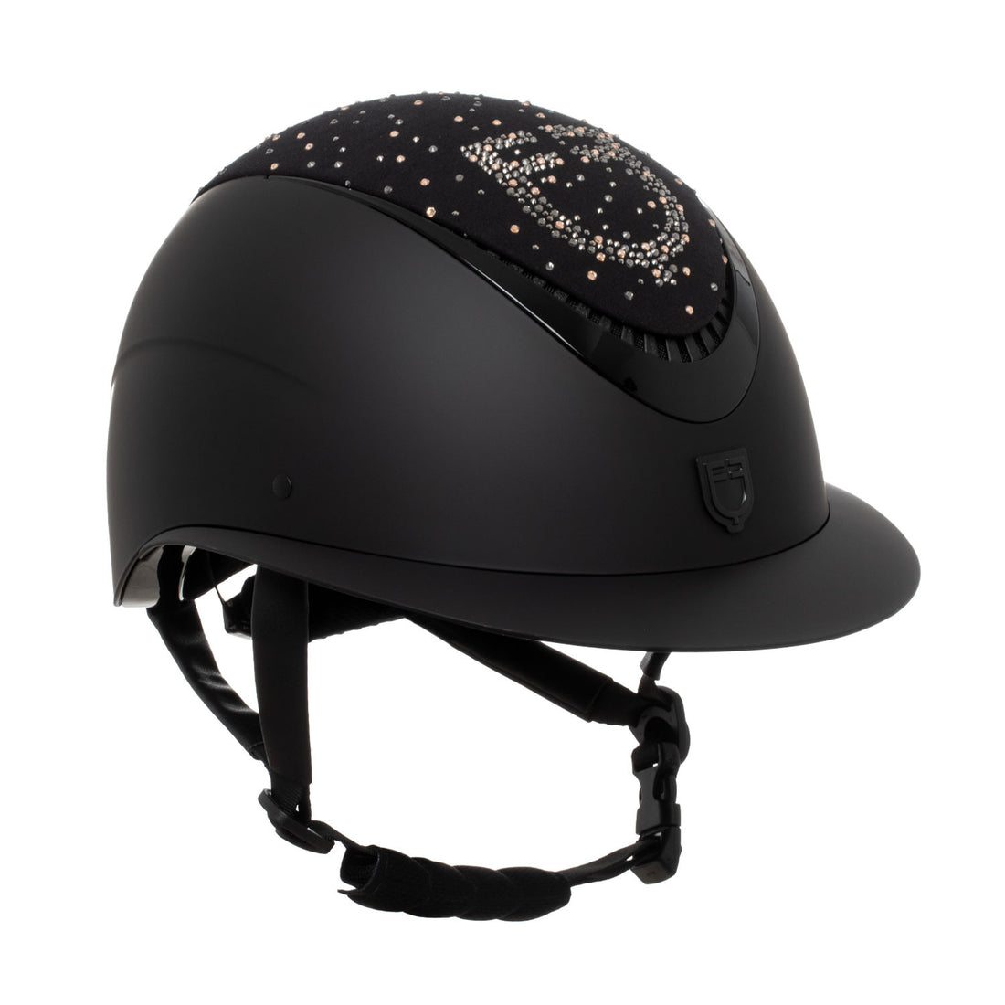 Matt helmet with wide visor and rhinestone logo homologation EN 1384-2023.