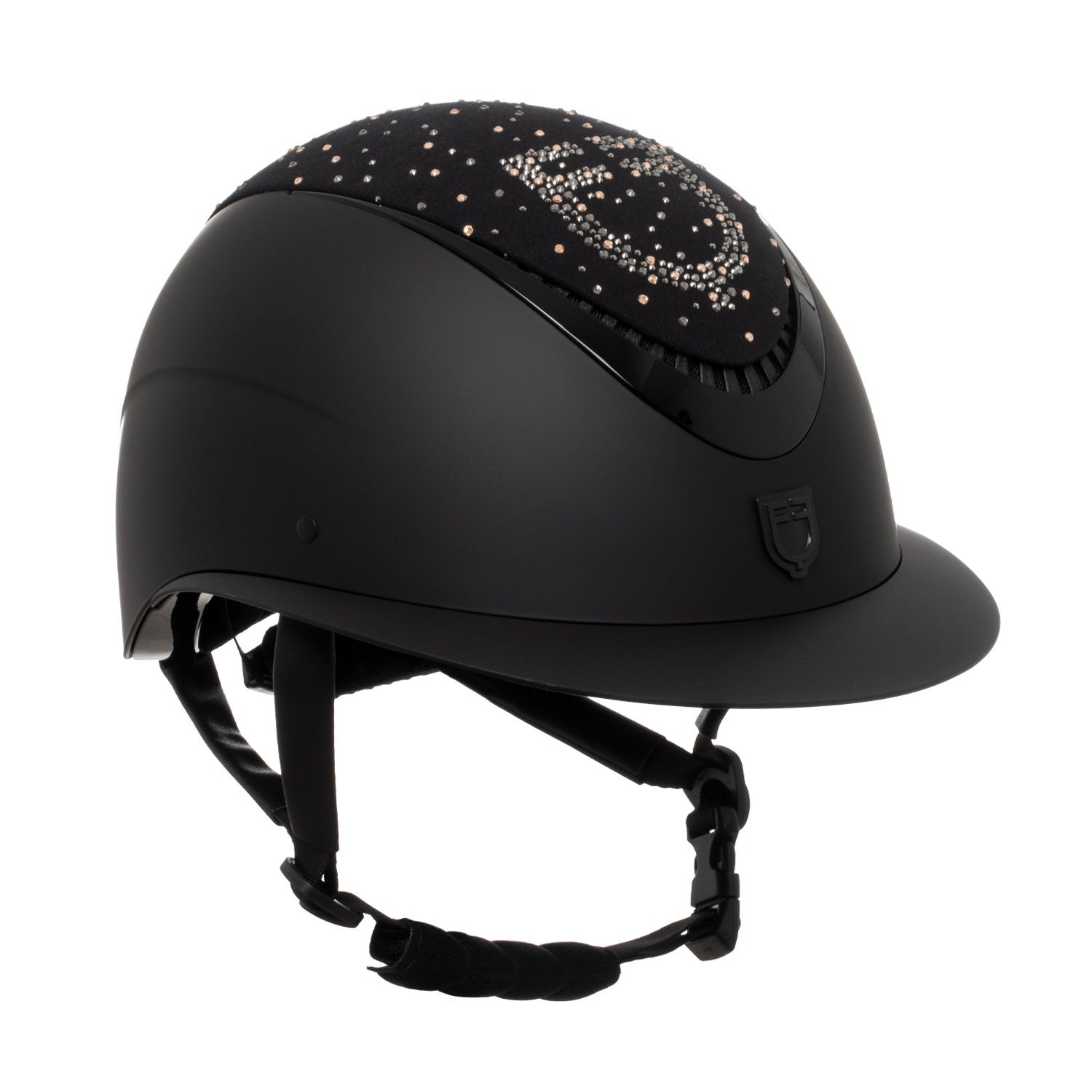 Matt helmet with wide visor and rhinestone logo homologation EN 1384-2023.