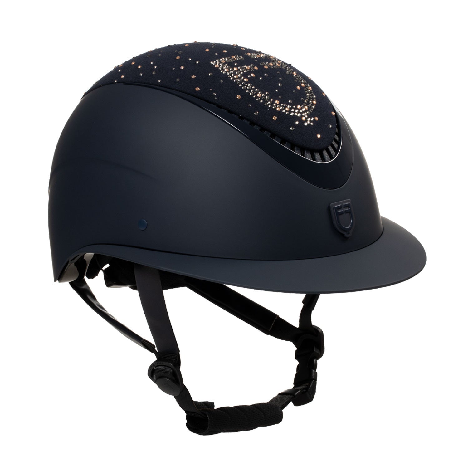 Matt helmet with wide visor and rhinestone logo homologation EN 1384-2023.