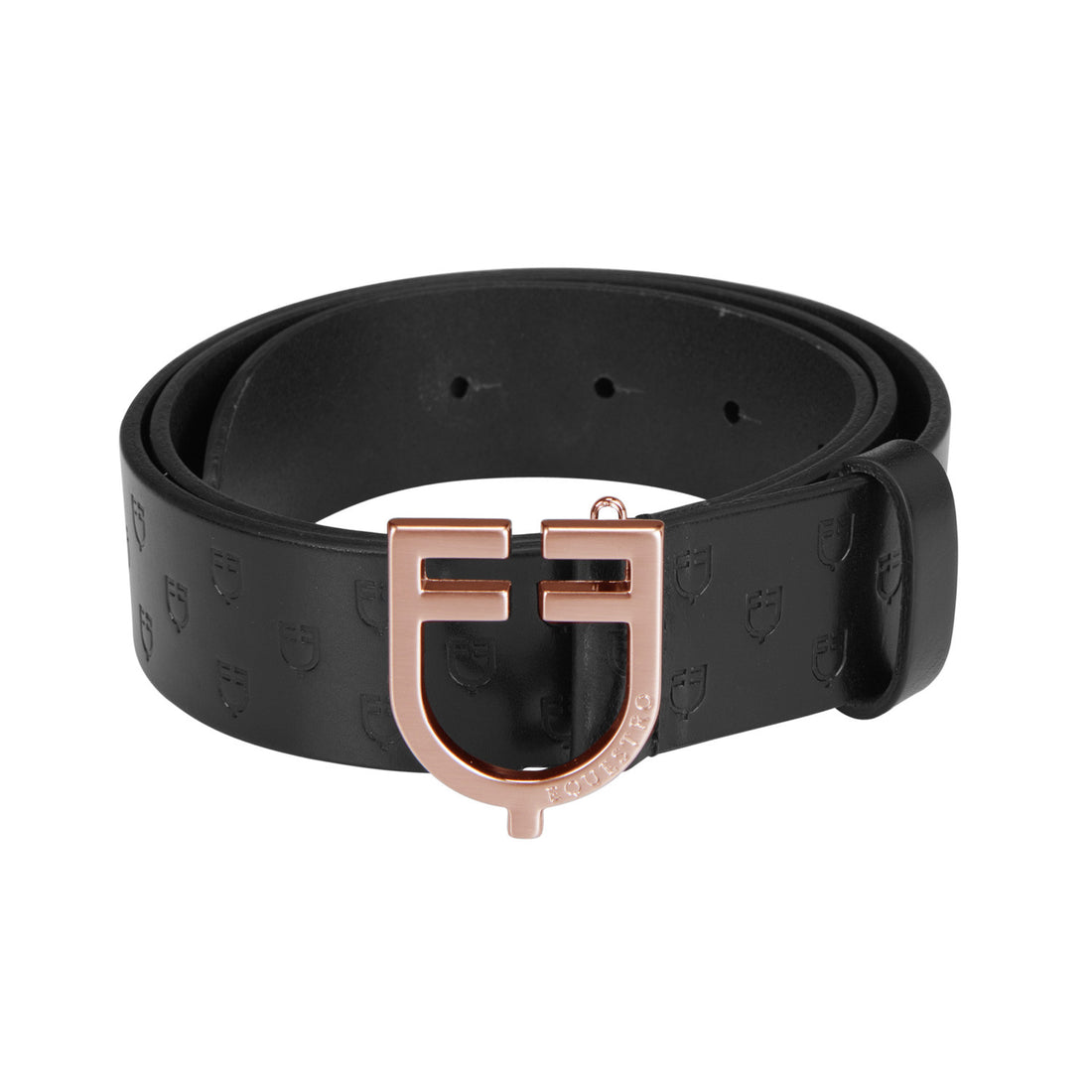 Black leather belt with logo and rose gold buckle.