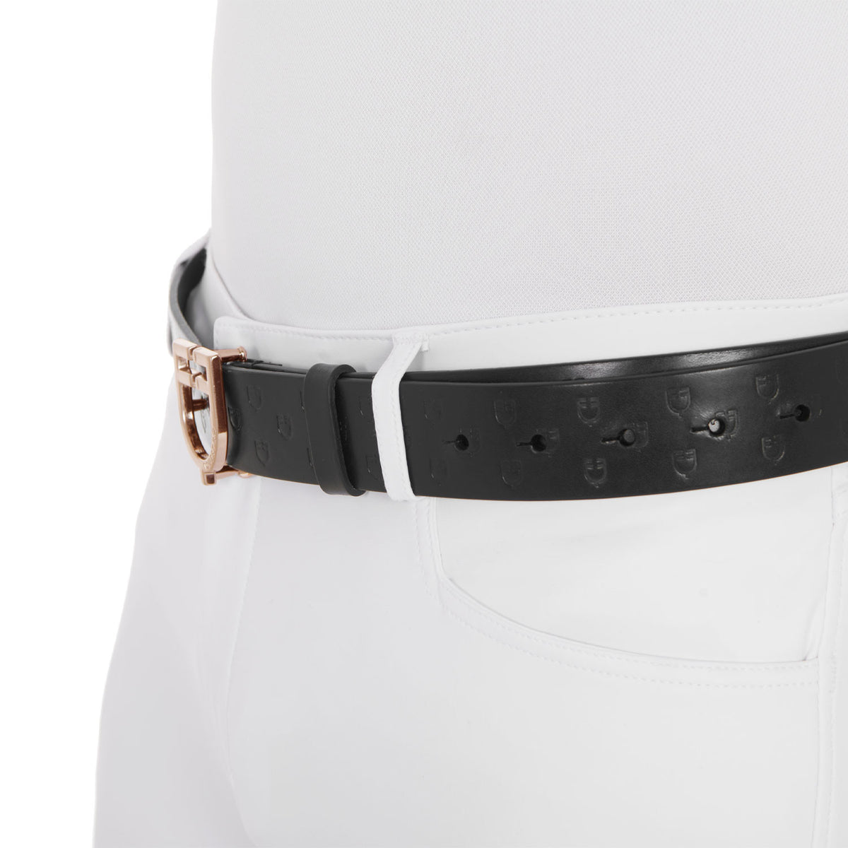 Black leather belt with logo and rose gold buckle