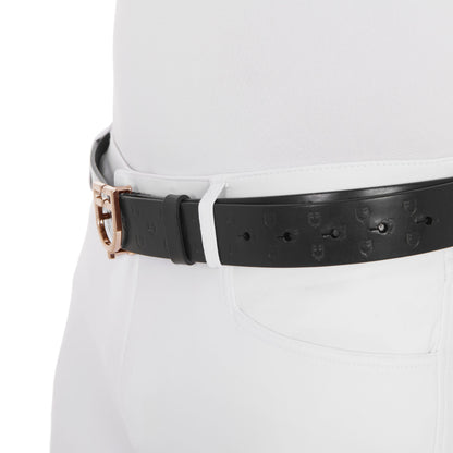 Black leather belt with logo and rose gold buckle