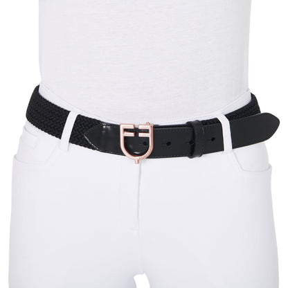 Leather elastic belt with rosegold logoed buckle